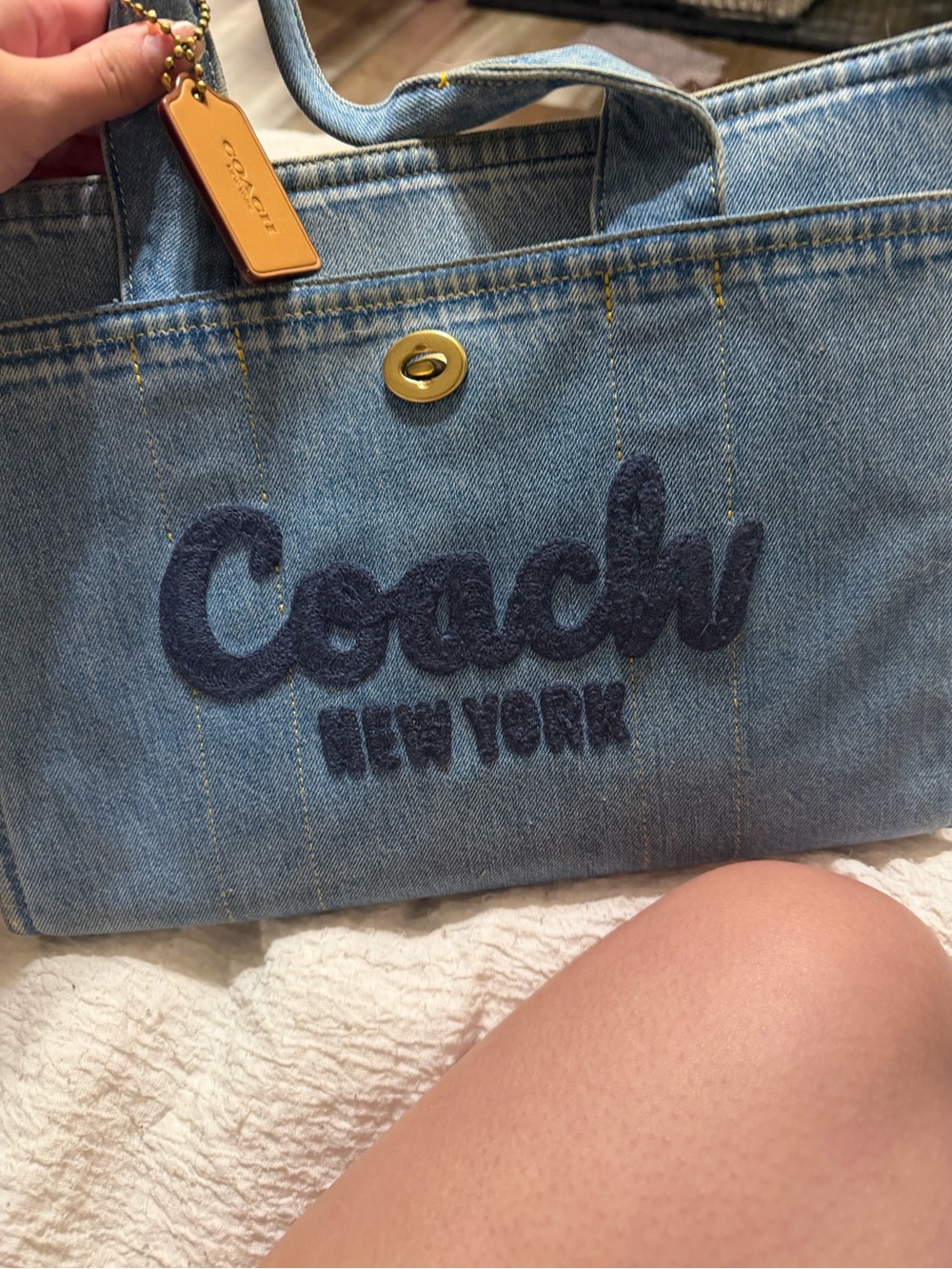 Coach Denim Logo Tote in Light Blue with Navy Script
